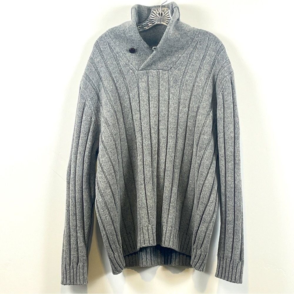Lands End Rugged Merino Wool Blend Shawl Collar Sweater‎ Men XL Gray